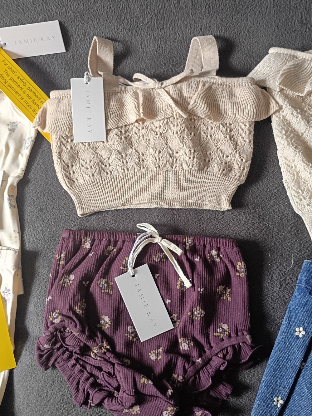 Jamie Kay Cream Knit Ruffle Crop Top & Plum Floral Ribbed Bloomers
